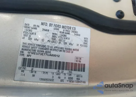 2007 Ford Explorer Xlt from USA, damaged, VIN 1FMEU73E77UA60012